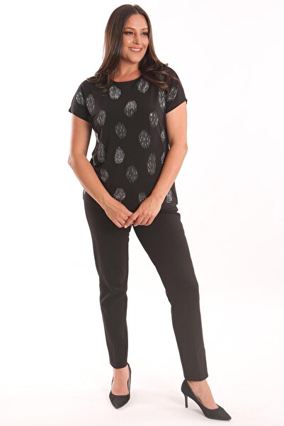 Trend42plus Plus Size Black Stone Printed Low Sleeve Blouse