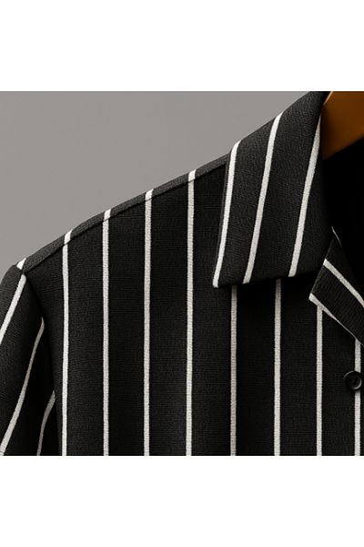 modamtn Men's Short Sleeve White Line Pattern Knitted Fabric Cotton Shirt