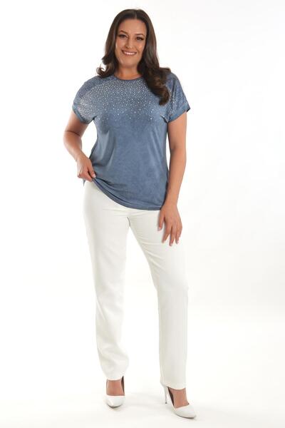 Trend42plus Plus Size Indigo Stone Printed Shoulder Lace Detailed Tie Dye Washed Blouse