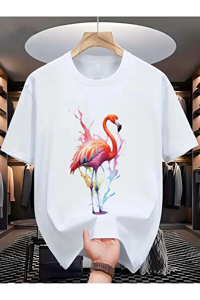 İSMTEXS تي شيرت من القطن الممشط مطبوع عليه طابع فلامينجو بأكمام قصيرة للجنسين من Zero Collar