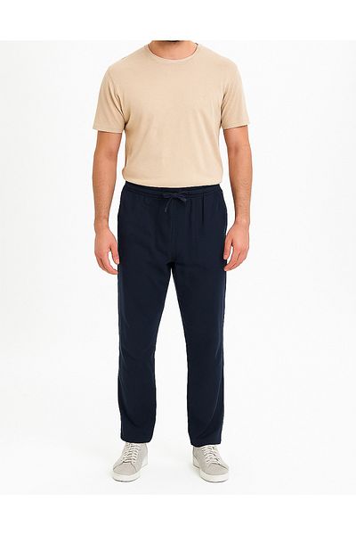 TheSeason Men's Dark Navy Blue Cotton Linen Look Relaxed Fit Summer Trousers with Laced Waist