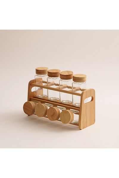Alberto 8Pcs glass spice jar and bamboo rack set with bamboo lid