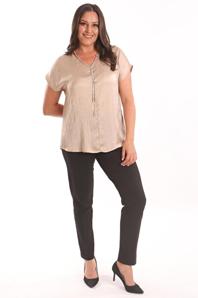 Trend42plus Plus Size Beige Satin Blouse with Crashing and Chain Detail
