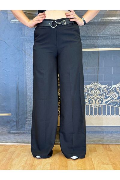 Yeşilmoda Pants,Women's Black Crepe Wide Leg High Quality Classic Fit High Waist with Belt Zipper Pocket