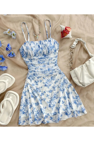 Pelin Boutique Askılı Mini Elbise Mavi Çiçek Desenli