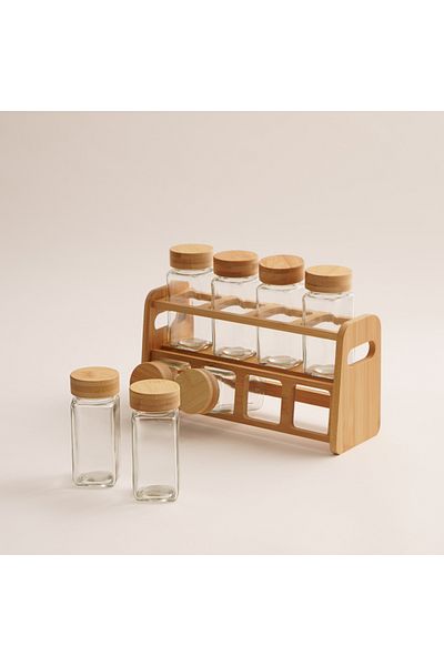 Alberto 8Pcs glass spice jar and bamboo rack set with bamboo lid