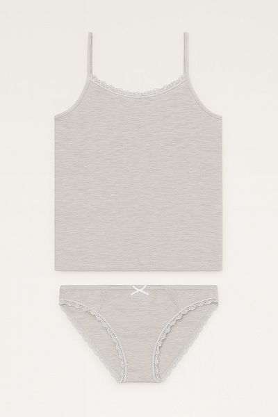 QKK Women's Light Gray Melange Lycra Cotton Thread Strap Tank Slip Panties Set Q3İ5K1L2Ekk