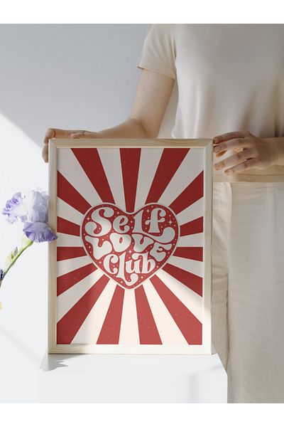 studio duha Self Love Club Retro Poster - Retro Vintage Look Frameless Painting with Red Heart Design