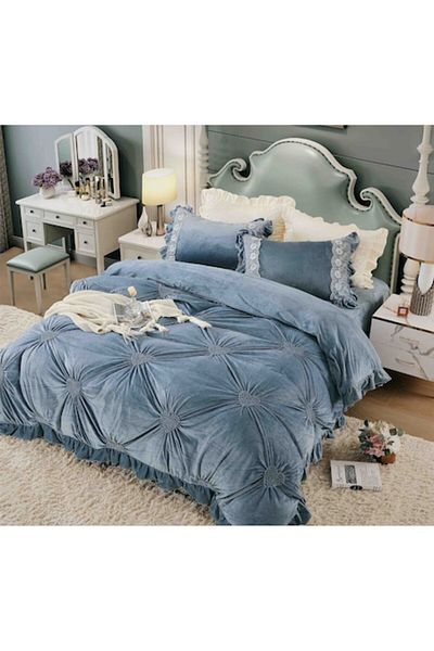 OEM Lenjerie de pat, JO-JO, 4 piese, catifea, inimioare brodate, Albastru, 230x250cm, 200x230cm, 50x70cm