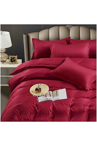 Lenjeria Pufoasa Double bed set with elastic Damask Finetat Deluxe Premium, 6 Pieces, Red