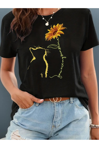 İSMTEXS تي شيرت من القطن الممشط بأكمام قصيرة وطبعة على شكل قطة وبابونج من Zer...