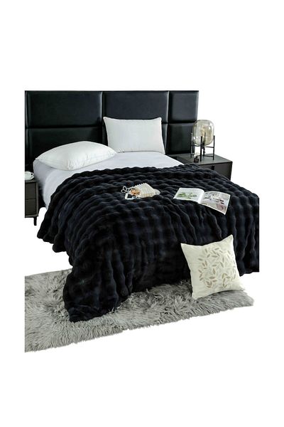OEM Pătură luxoasă pentru pat dublu cu fermoar, blană artificială de iepure, MS STAR, 200x230cm, neagră