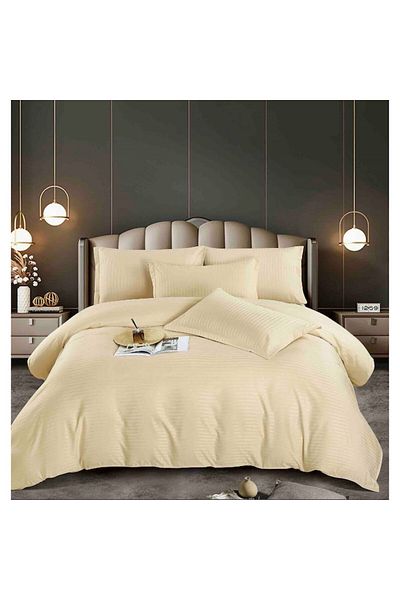 Lenjeria Pufoasa Set de lenjerie de pat dublu cu elastic, Damasc Deluxe Premium, 6 piese, Horeca - Crem