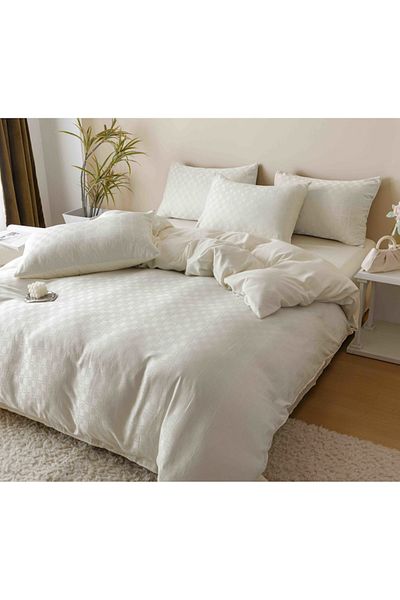 JOJO HOME Set Lenjerie de pat, Jojo Home, JQF14, bumbac jacquard finet premium, uni, 2 persoane, 6 piese, crem
