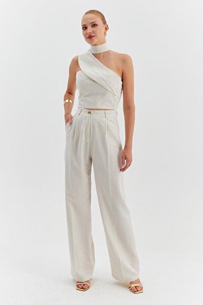 Nish&Chic Single Pleated Natur Palazzo Trousers