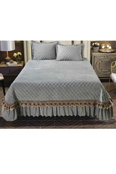 Mercaton Set 3 Pieces Luxury, Velvet Bedspread with Embroidery, Quilted, 230x250 cm, and 2 Pillowcases 50 x 7