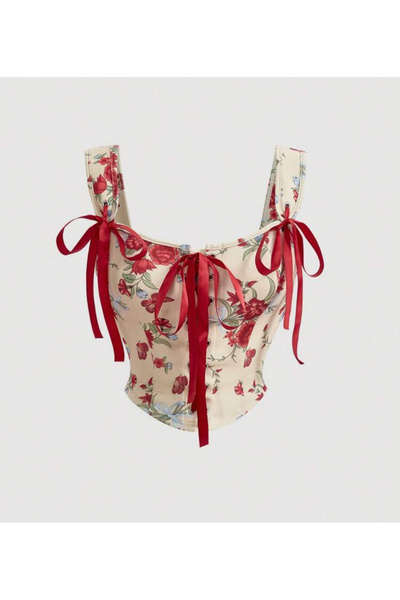 Pelin Boutique Romantic Style Floral Patterned Strap Crop Lycra Corset