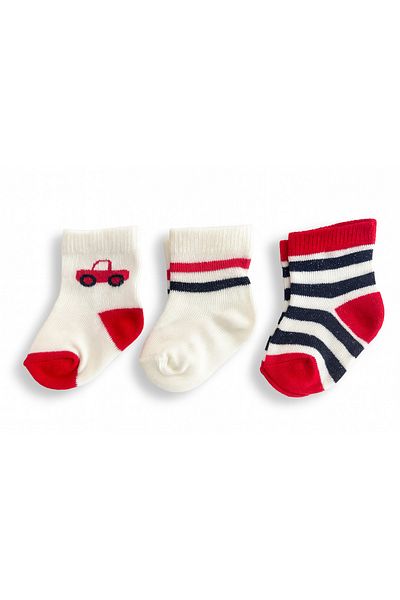 mini mia Baby Boy Socks Set of 3 – Red Car & Striped Design