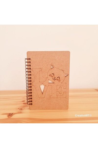 CreativArt Diary with Wooden Covers – A6 Format – Decoupage and Engraving Cat Love