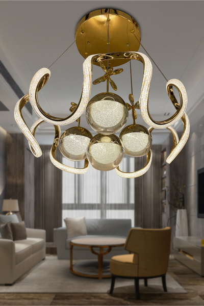 RSCOLLECTIONS Arya Fanus 4 Toplu Simli Slikonlu Yüksek (Işık) Modern Salon Led Avizesi Kumandalı Gold