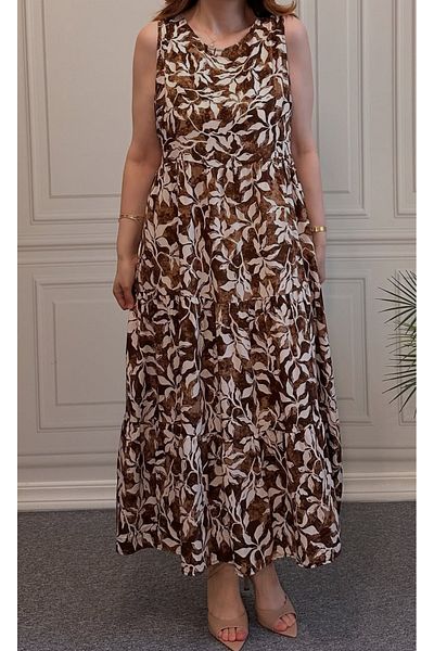 AKŞEN GİYİM Țesătură din bumbac viscoză pentru femei, cu mâneci zero, cu model floral, 123 cm, fustă lungă, rochie cu 3 straturi