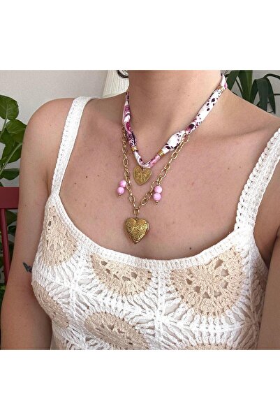 Alice İsstanbul Çelik Pembe Fular Kalp Charmlı Kolye