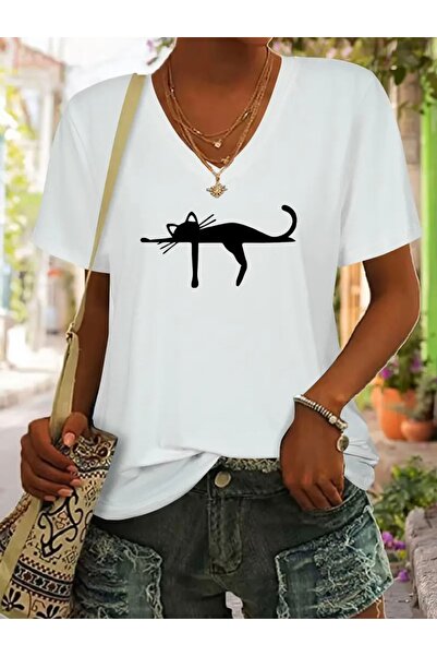 FUFLUNS Cat Printed V-Neck Women's Oversize T-Shirt