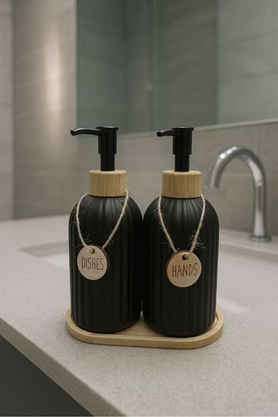 AYGÖREN HOME Set of 2 Glass Liquid Soap Dispensers with Glass Stand - Bamboo Stand