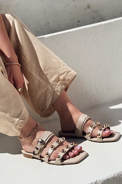 I Love Shoes Dawist Matte Leather Beige Troked Flat Women's Slippers