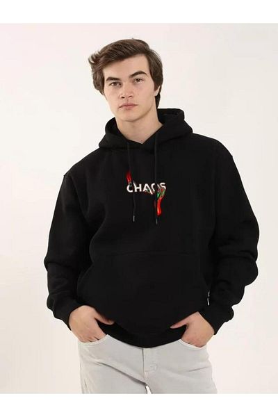 modamtn    Unisex Printed Oversize Three Thread Hooded Sweatshirt - Black