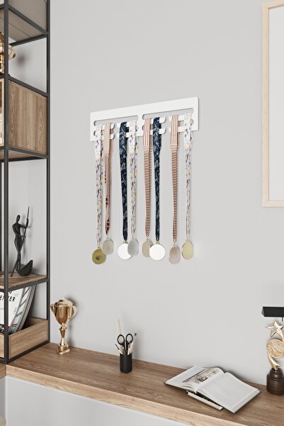 Grandmix Madalya Askılığı Hediyelik Sade Tasarımlı Metal Madalya Askısı Siyah ve Beyaz 10x30 cm