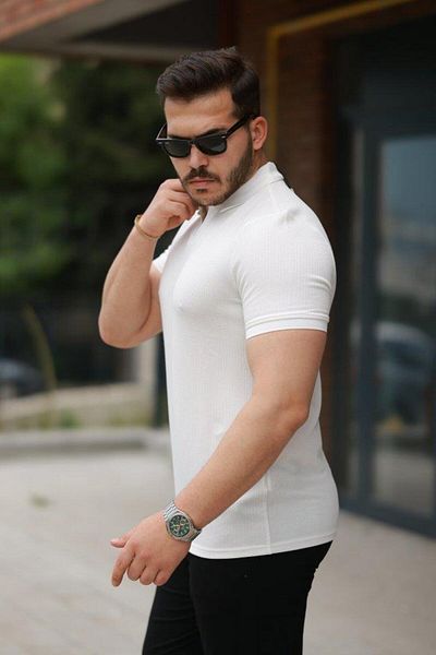 Butik Aura Mou Men's Collared Waffle Textured Short Sleeve T-Shirt