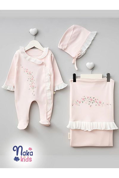 Naka Concept 100% Cotton 3 Piece Baby Girl Floral Hospital Discharge Set White