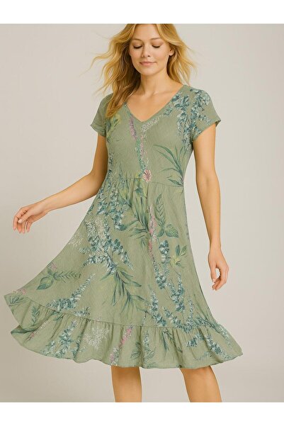 Butik İtalyan Pamuk Keten Elbise - HAKİ