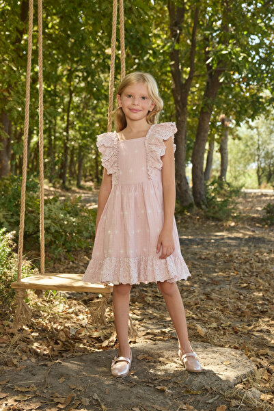 Panço Kız Bebek Pembe Nakışlı Müslin Elbise