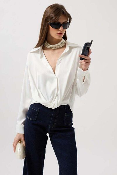modamtn Waist Shirred Crop Satin Shirt