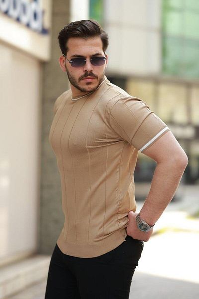 modamtn Men's Crew Neck Line Patterned Ribbed Short Sleeve Tshirt