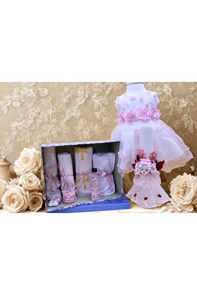 OEM Set botez fetiță – Rochiță roz cu flori roz0-3 luni și lumânare ursuleț de pluș