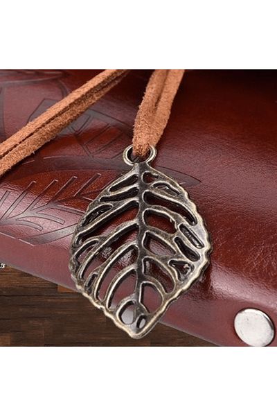 Evinso Leaf Patterned Brown Leather Notebook - Lisinya