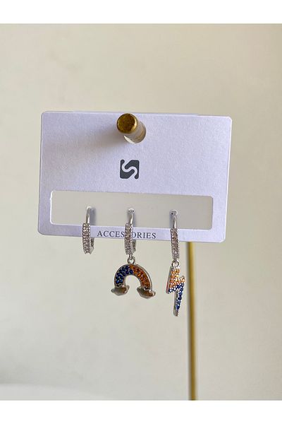 Çelik Zircon Stone Rainbow 3-Piece Earring Set