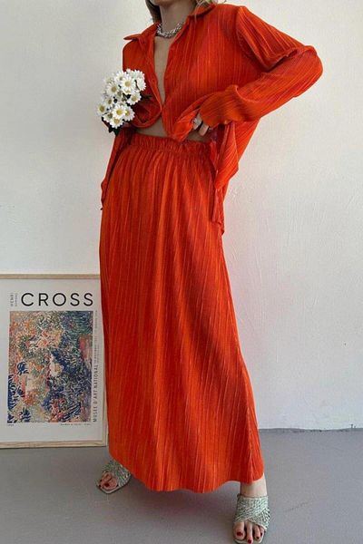modamtn Orange Corduroy Shirt and Long Skirt Set