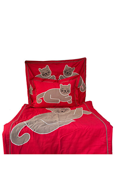 YASTIKMİNDER BY MELEK GÜVEN Koton Kumaş Dubleli Kedi Figür Aplikeli Yatak Örtü -yatak Başı Kılıfı -yastık Kılıfı 3 Parça Set