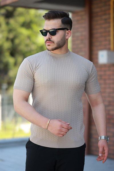 modamtn Men's Crew Neck Knit Patterned Short Knitted Knitwear Short Sleeve T-Shirt