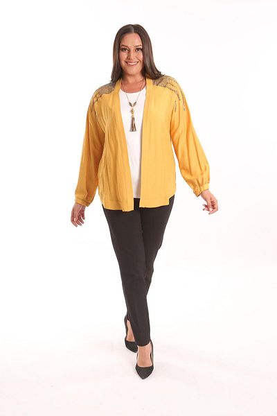 Metpoint Trend42plus Μεγάλο Μέγεθος Robe Stone Printed Oversize Mustard Jacket