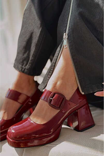 I Love Shoes Lanis Patent Leather Buckle Detailed Platform Heeled Shoes Claret Red