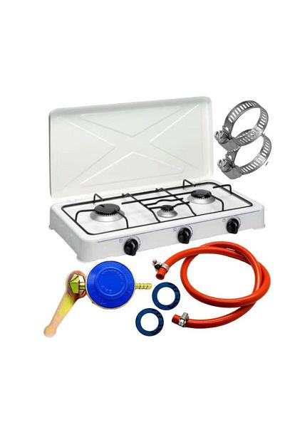 OEM Aragaz 3 ochiuri, 62x36cm, Ceas, 2m furtun, 3 x coliere pentru furtun ALB