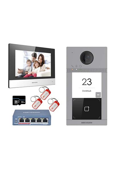 Hikvision KIT videointerfon Smart pentru o familie, Rj45 + Wi-Fi 2.4Ghz, Switch PoE, Card, Tag, –