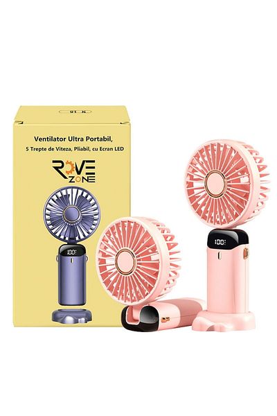 RoveZone Ventilator Ultra Portabil, 3 in 1, De Mana, De Birou, De Gat, 5 Trepte de Viteza, Pliabil, cu Ecran