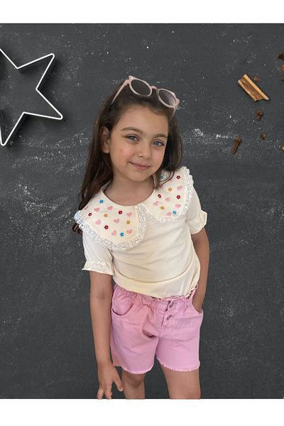 jeliboomkidswear Baby Collar Heart and Flower Embroidered Shorts Bottom Top Summer 2-Piece Girl's Set