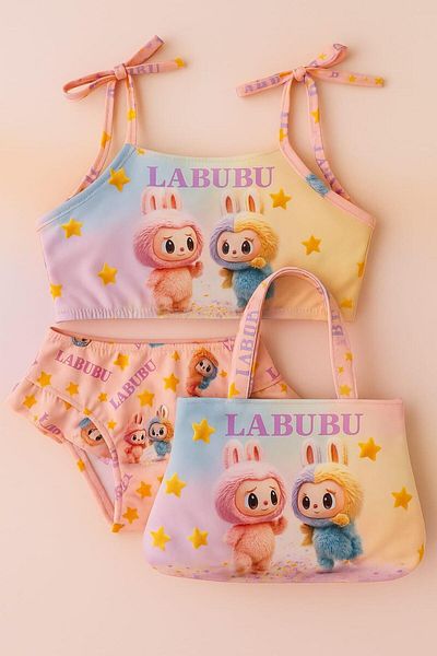 ARBİ kids Κοριτσίστικο labubu ροζ τριών τεμαχίων μαγιό μπικίνι με τσάντα